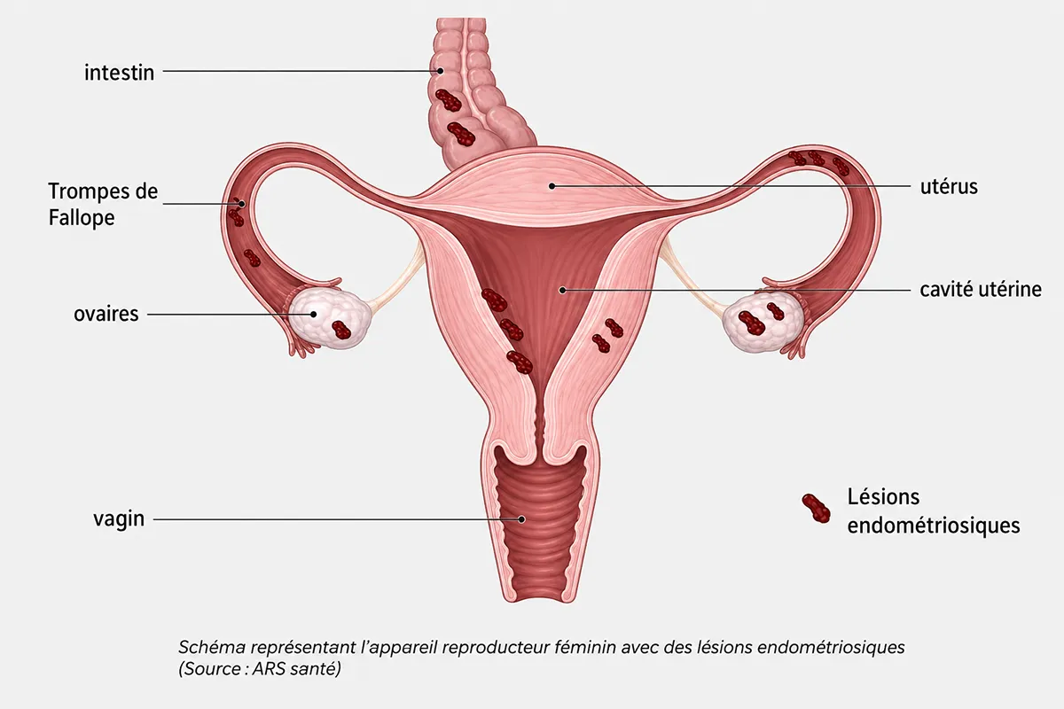 Sch&eacute;ma m&eacute;dical de l&rsquo;appareil reproducteur f&eacute;minin montrant des l&eacute;sions d&rsquo;endom&eacute;triose sur l&rsquo;ut&eacute;rus, les ovaires, les trompes de Fallope et l&rsquo;intestin